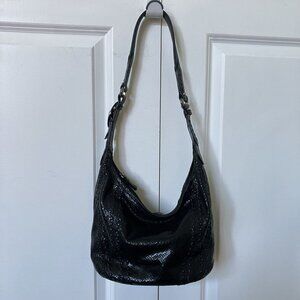 Brighton Black Leather Purse Womens Hobo Slouchy Faux Snakeskin Western Buckle